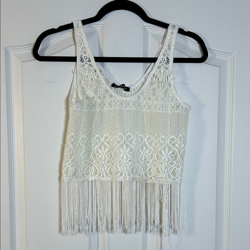 Cottagecore You Are Not Alone Elegant White Lace Boho Fringe Top size Medium